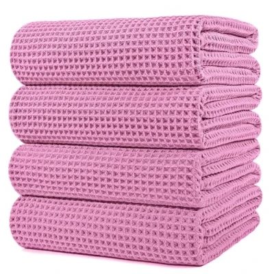 Imagen de POLYTE Toalla de baño microfibra gran tamaño secado rápido, sin pelusas, 60 x 30 pulgadas, paquete 4 (rosa, tejido gofre)