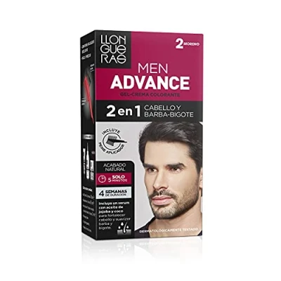 Imagen de Llongueras Men Advance, Gel Crema Colorante 2 en 1, para Cabello y Barba Bigote, con Aceite de Jojoba, Coloración Masculina, Nutre e Hidrata, Acabado Natural 5 Minutos, Tono 2, Moreno