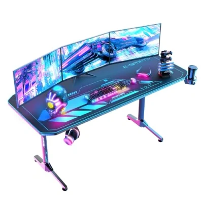 Imagen de Himimi 160x75x75 cm Mesa Gaming Desk, Ergonómica de Juegos electrónicos PC Escritorios, Computer Tablas con Alfombrilla ratón, Portavasos y Gancho para Auriculares, Mango Juego