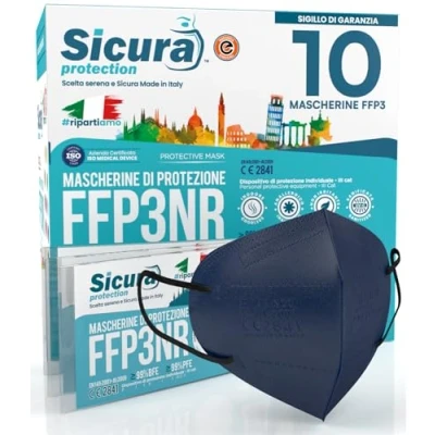 Imagen de 10 mascarillas FFP3 certificadas CE AZUL oscuro y elásticos negros logo SICURA en relieve PFE ≥99% BFE Mascarilla higienizada sellada individualmente