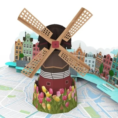 Imagen de MOKIO® Tarjeta Pop Up Molino de viento, tulipanes y canales en Ámsterdam cumpleaños 3D para vacaciones los Países Bajos o como vale regalo emergente un viaje urbano