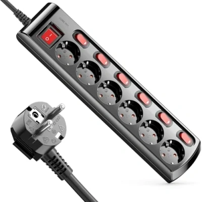 Imagen de deleyCON Regleta de 6 Tomas Conmutable Individualmente Cable 1,4m (6X Interruptor Encendido/Apagado y 1x Principal) Alimentación Enchufes Base Enchufe Múltiple Negro
