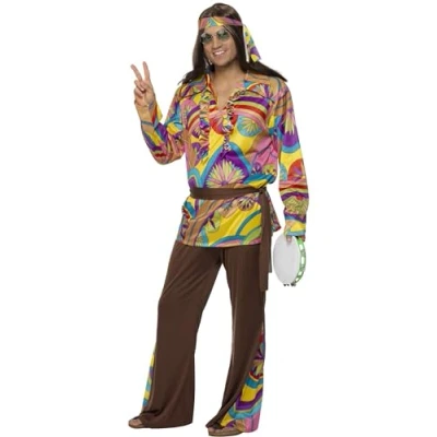 Imagen de Smiffys Disfraz de hippy psicodélico, multicolor, con pantalones, camisa, banda para el pelo y cinturón