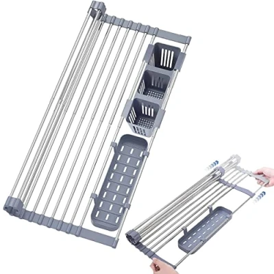 Imagen de Ygapuzi Puede expandir el Fregadero de la Cocina Bandeja Secado Bobina por Encima 12.6&quot; 23.3&quot;, Estante del Fregadero, Drenaje Carrete Acero Inoxidable (Negro)