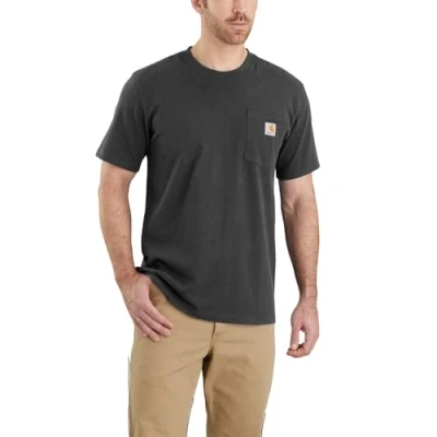 Imagen de Carhartt, Hombre, K87 Camiseta De Manga Corta Con Bolsillo, Ajuste Ligeramente Holgado, Tejido Grueso, Gris carbón jaspeado, XS