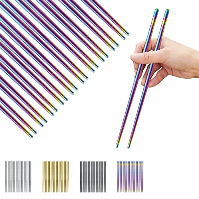 Imagen de Evanda Palillos Arco Iris 10 Pares Reutilizables de Metal, Acero Inoxidable Coloridos con Recubrimiento Titanio Fácil Limpieza Aptos para Lavavajillas