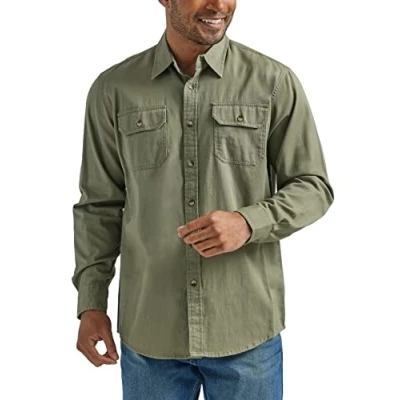 Imagen de Wrangler Authentics Camisa Tejida clásica de Manga Larga Abotonada, Oliva quemada, M para Hombre