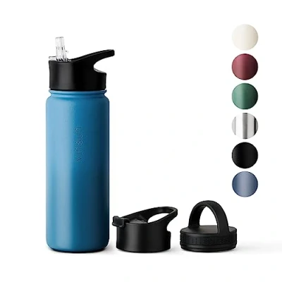 Imagen de Vinsun Botella Agua Acero Inoxidable 1 Litro Termica con Pajita (2 Tapas) sin BPA, Doble Pared, Prueba de Fugas Cantimplora para Deporte, Oficina, Viaje