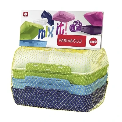 Imagen de Recipientes de almacenamiento alimentos Emsa 517053 Variabolo 4 piezas para niños, 16 x 11 cm, se pueden abrir por ambos lados y apilar juntos ahorrar espacio, azul/verde