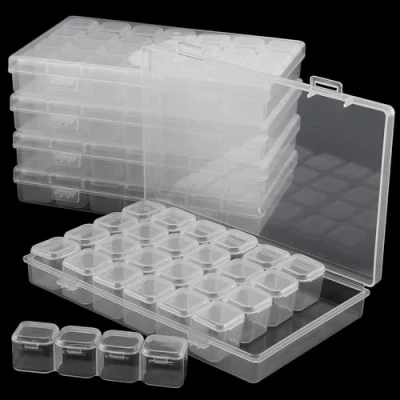Imagen de YIXNSW Caja organizadora transparente con 28 compartimentos, de plástico, tapa, para guardar piezas pequeñas, joyas, perlas y accesorios (5 unidades)
