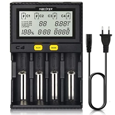 Imagen de 18650 Cargador de Batería, MiBOXER Smart Universal 4 Bahías, Pantalla LCD Automática, Carga Rápida Recargable Li Ion LiFePO4 Ni MH CD AA AAA C 18350 18500 18700 20700 RCR123