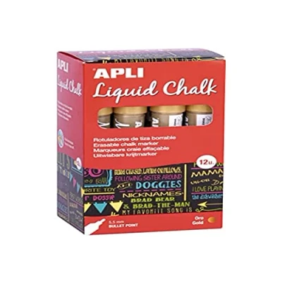 Imagen de APLI 18041 Rotuladores de Tiza Borrable, 5.5 mm, Liquid Chalk Punta Redonda, Oro, 12 Unidades