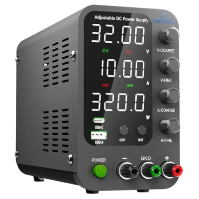 Imagen de Fuente de alimentación CC Variable, 0 32V 10A Banco regulada con Carga rápida USB y Tipo C, Perilla codificadora,Interruptor Encendido/Apagado Salida Jesverty
