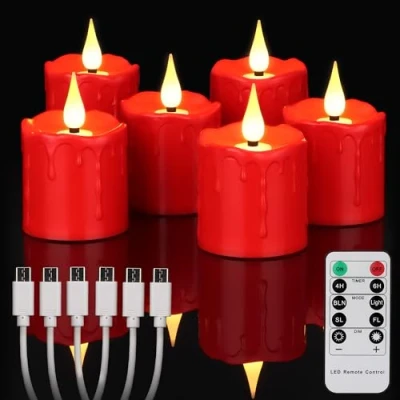 Imagen de yunsheng velas de té LED recargables sin llama con mando a distancia y temporizador 4/6 horas, recargables, votivas parpadeantes 5,1 x 7,6 cm, 6 unidades rojas, tipo C,