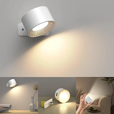 Imagen de Luz de Pared Interior, Lámpara con Batería Carga USB, 3 Colores y Niveles Brillo Interior 360 Giratorio Control Táctil Lámparas Inalámbricas (Blanco)