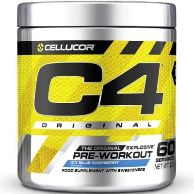 Imagen de C4 Original Suplemento en polvo para preentrenamiento Frambuesa azul Bebida energética antes de entrenar 150 mg cafeína + beta alanina monohidrato creatina 60 raciones