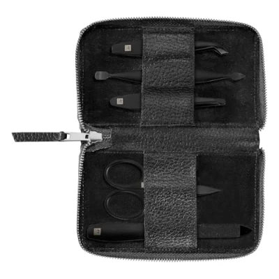 Imagen de ZWILLING set de manicura (5 piezas, piel auténtica, cierre botón a presión, viaje, con tijeras uñas y corta cutículas), Premium, Black Edition