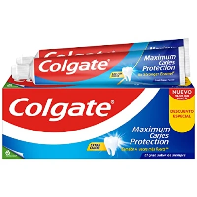 Imagen de Colgate Maximum Caries Protection Pasta de Dientes con Flúor,2 Uds x 75ml, Dentífrico contra las Caries, Fórmula Calcio que Penetra entre los Dientes, Refresca el Aliento, Sabor Agradable a Menta