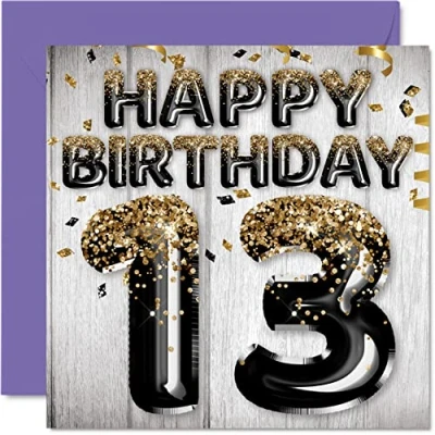 Imagen de Tarjeta de cumpleaños número 13 para niños, globos negros y dorados con purpurina, tarjetas feliz niño años, hijo, hermano, nieto, primo, 145 mm x mm, trece