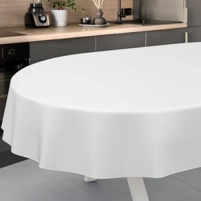 Imagen de ANRO Mantel de Hule Lavable, para jardín, Exterior e Interior, Ovalado, 200 x 140 cm, con Dobladillo, Color Blanco