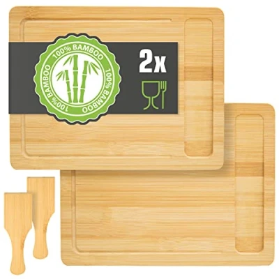 Imagen de DuneDesign Con Deposito: Juego de 2 Tablas Cortar Bambú 30x22 Tabla Madera para Quesos y Aperitivos Platos Tapas Bar Cocina Tablero