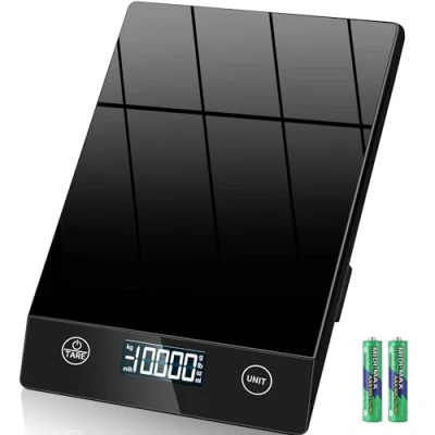 Imagen de báscula de cocina digital, pantalla inclinada, 10 kg, alta precisión, 1 g, digital con función tara, color negro, cristal, resistente al agua,