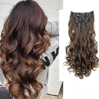 Imagen de CAISHA XXL Juego De 8 Extensiones Clip Extender El Cabello Sintético Ondulado Pelo Largo Mezcla Marrón CES12 1