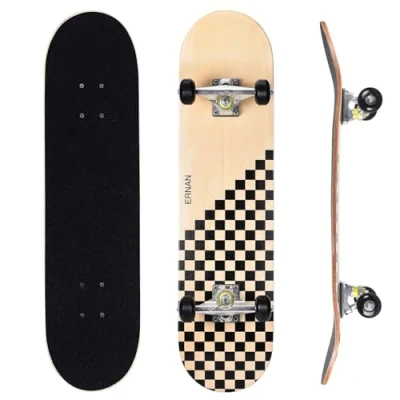 Imagen de ERNAN Skateboard,Monopatín Completo Profesional de 31 x 8 Pulgadas,7 Capas Monopatín Madera Arce con Rodamiento ABEC 7 para Niño Niña/Adulto Principiante. Skateboard. (Wood Check)