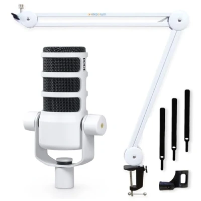 Imagen de RØDE Rode Podmic Micrófono para podcast profesional, color blanco + keepdrum MS138 brazo articulado