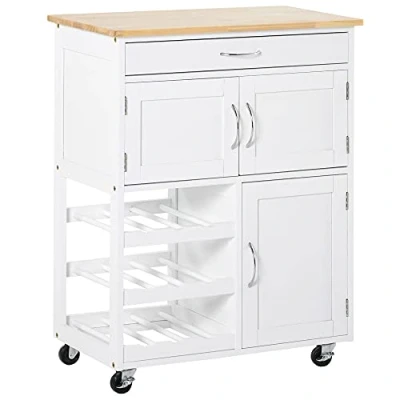 Imagen de HOMCOM Carro de Cocina Carrito Auxiliar con Ruedas Cajón 2 Armarios Almacenaje y 3 Estantes Abiertos 9 Botellas para Comedor Restaurante 67x37x87 cm Blanco