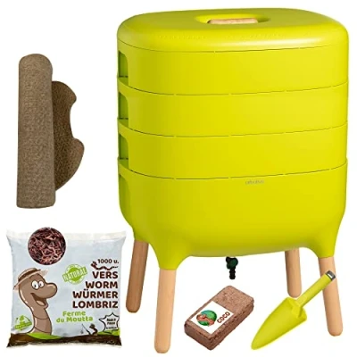 Imagen de Moutta I Urbalive 3 Bandejas Verde, Kit Completo Diseño Vermicompostaje 500g lombrices / 1000 uds. Sustrato Inicial Estera de cáñamo + Pala Interior, balcón y jardín