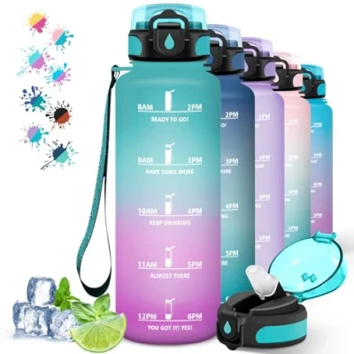Imagen de Botella Agua, 1 5 litros, Agua Deporte con Pajita, a Prueba de Fugas, Reutilizable Marca Tiempo, Cantimplora para Senderismo, Correr, Ciclismo, Acampar, Verde rosa