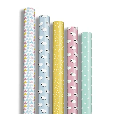 Imagen de Clairefontaine 211415AMZC Caja de 12 rollos Papel regalo Excellia 80 g Tamaño: 2 x 0,70 m Patrón: ovejas, triángulos, niños, multicolor Embalaje
