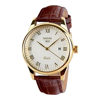 Imagen de TONSHEN Moda Relojes de Mujer Hombre Elegante Analógico Cuarzo Clásico Negocio Pulsera Correa Cuero Y Dorado Acero Inoxidable Bisel Casual Estilo Diseño Simple (Hombre)