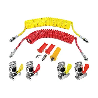 Imagen de Kit Freno Aire Camión Remolque, 2X Serpentines Pur M16x1,5 Rojo y Amarillo 5M con Cabeza Acoplamiento Automaticas Manuales. Manetas Incluidas