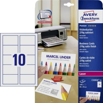 Imagen de Avery Dennison C32026 25 Tarjetas de visita (250 unidades, 270 gsm), color blanco