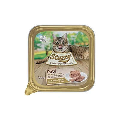 Imagen de Stuzzy Mister, Comida húmeda para Gatos Adultos, Sabor Pollo e hígado, línea paté y Carne en trozos Total 3,2 kg (32 tarrinas x 100 gr)