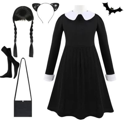 Imagen de LuckyQianyi vestido negro de niña, regalo los padres para niñas 3 a 15 años, disfraz Halloween con peluca y accesorios bisutería Cosplay (Kinder W3, 11 12 años)