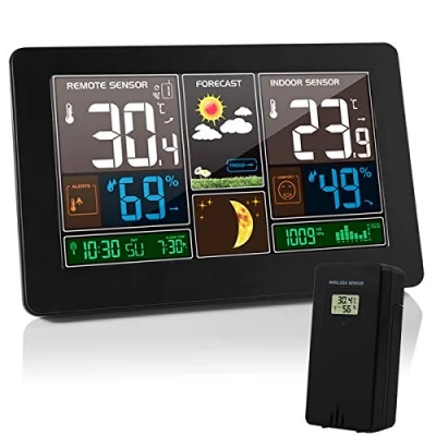Imagen de Estacion Meteorologica Interior Exterior, Termómetro Higrometro LCD Pantalla Medidor Temperatura, con Sensor Inalámbrico al Aire Libre, Barómetro Alarma Fase lunar
