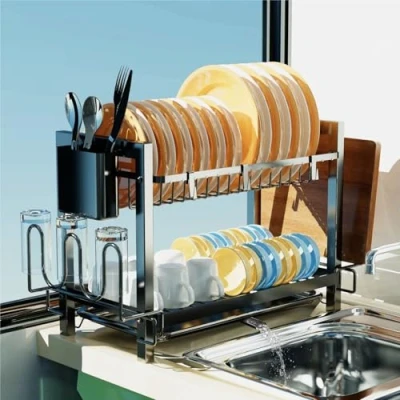 Imagen de Yexati escurridor de platos 2 niveles, gran capacidad, estante para cocina con organizador utensilios, soporte tabla cortar,