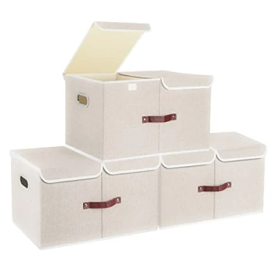Imagen de TYEERS Caja de Almacenaje con Compartimentos Extra Grande, Tela, Plegable, Organizadora, 55x33x30 cm, Juego 3, Beige