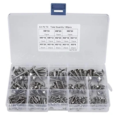 Imagen de tornillos de cabeza plana, 180 piezas M3 M4 M5 M6 Juego surtido autorroscantes plana acero inoxidable para múltiples propósitos