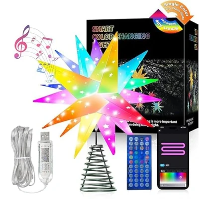 Imagen de LeuKoles Estrella arbol de Navidad 3D iluminada,Decoracion iluminada Inteligente 10‘’ en Punta árbol, Control por aplicación Bluetooth, sincronización música