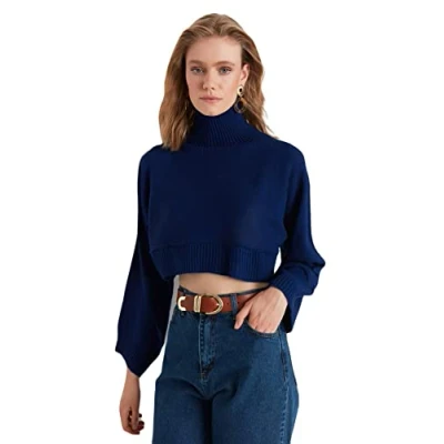 Imagen de Trendyol Suéter Regular Liso de Cuello Alto Sudadera, Azul Marino, L para Mujer