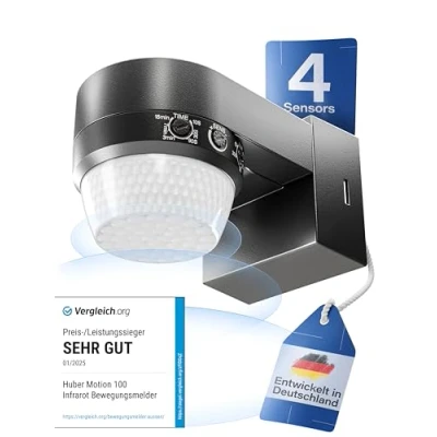 Imagen de Huber Motion 100 Detector de Movimiento por Infrarrojos (360, con 4 sensores y Lente Fresnel, IP65, Apto para LED, Incluye protección contra Arrastre limitación área, Montaje en Pared/Techo
