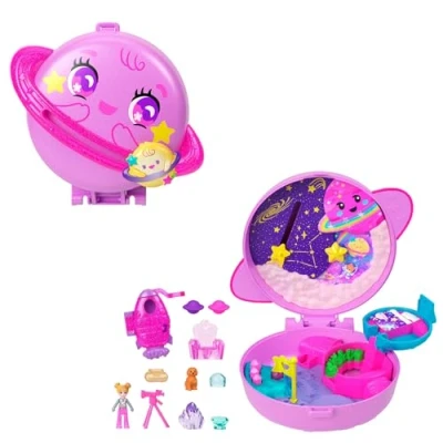 Imagen de Polly Pocket Estuche Planeta en el espacio exterior Conjunto de juego y muñeca, juguete viaje con una muñequita, un cachorrito accesorios temáticos, JCB18