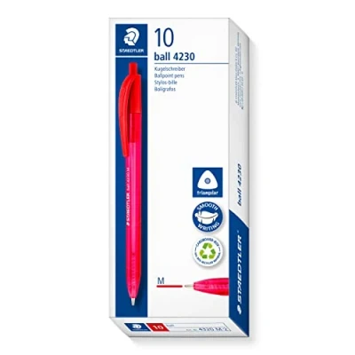 Imagen de STAEDTLER Bolígrafo retráctil triangular, color de escritura rojo, ancho línea M aproximadamente 1,00 mm, para una relajada, 10 bolígrafos rojos en estuche cartón, 4230 2