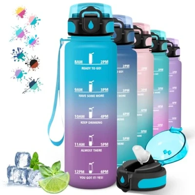 Imagen de Botella Agua, Agua 1 Litro, Deporte con Pajita, a Prueba de Fugas, Reutilizable Marca Tiempo, Cantimplora para Senderismo, Correr, Ciclismo, Acampar, Azul púrpura