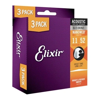 Imagen de Elixir Pack de 3 juegos Cuerdas guitarra acústica Strings bronce en proporción 80/20 con recubrimiento NANOWEB, calibre ligero personalizado, Custom Light (11 52)