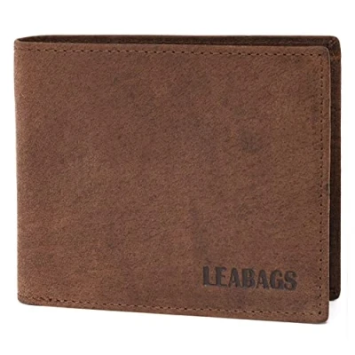 Imagen de LEABAGS Billetera de Cuero para Hombres Protección RFID Formato Horizontal Monedero con Compartimento Monedas 11 Compartimentos Tarjetas Costura Reforzada Marrón Oscuro Natural
